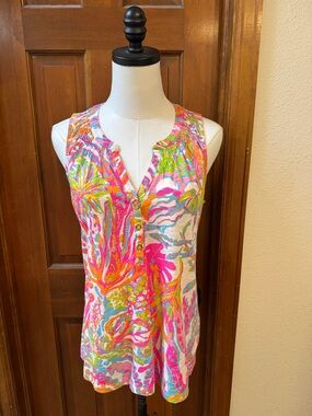 Lilly Pulitzer Vibrant Multicolor Sleeveless Button Tank Top Size S